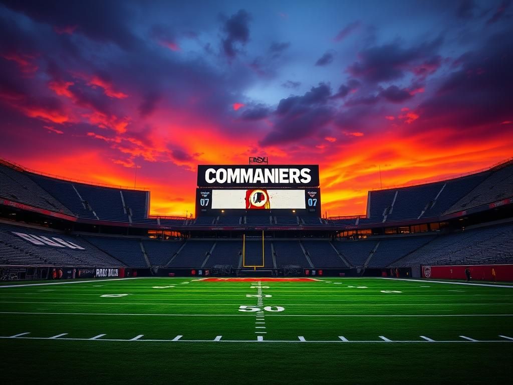 Flick International Empty football stadium at sunset with illuminated scoreboard displaying 'Commanders'
