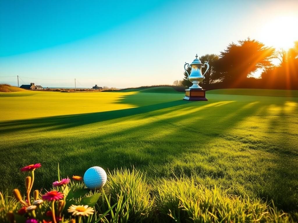 Flick International Cheerful landscape with wildflowers and plush golf ball toy at Royal Portrush during Scottie Scheffler's Open Championship celebration