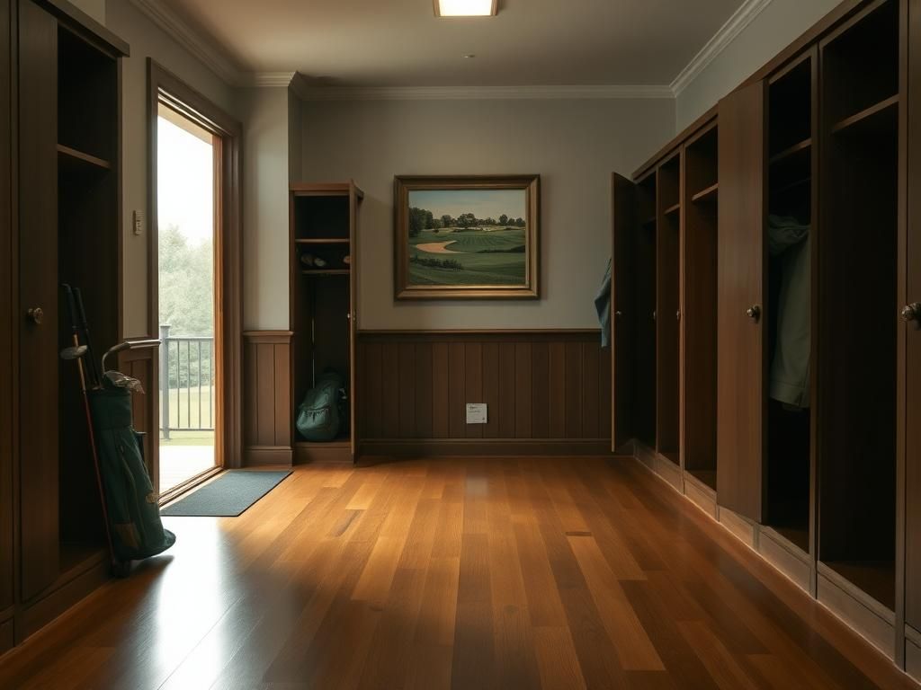 Flick International Serene interior view of an empty golf club locker room with vintage golf memorabilia