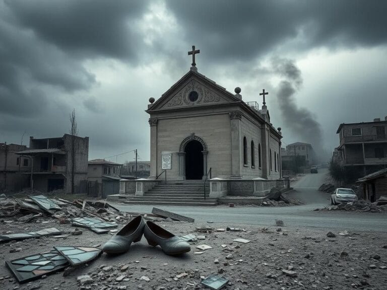 Flick International Somber landscape of a war-torn Syrian town with ruins of a church and a Druze shrine