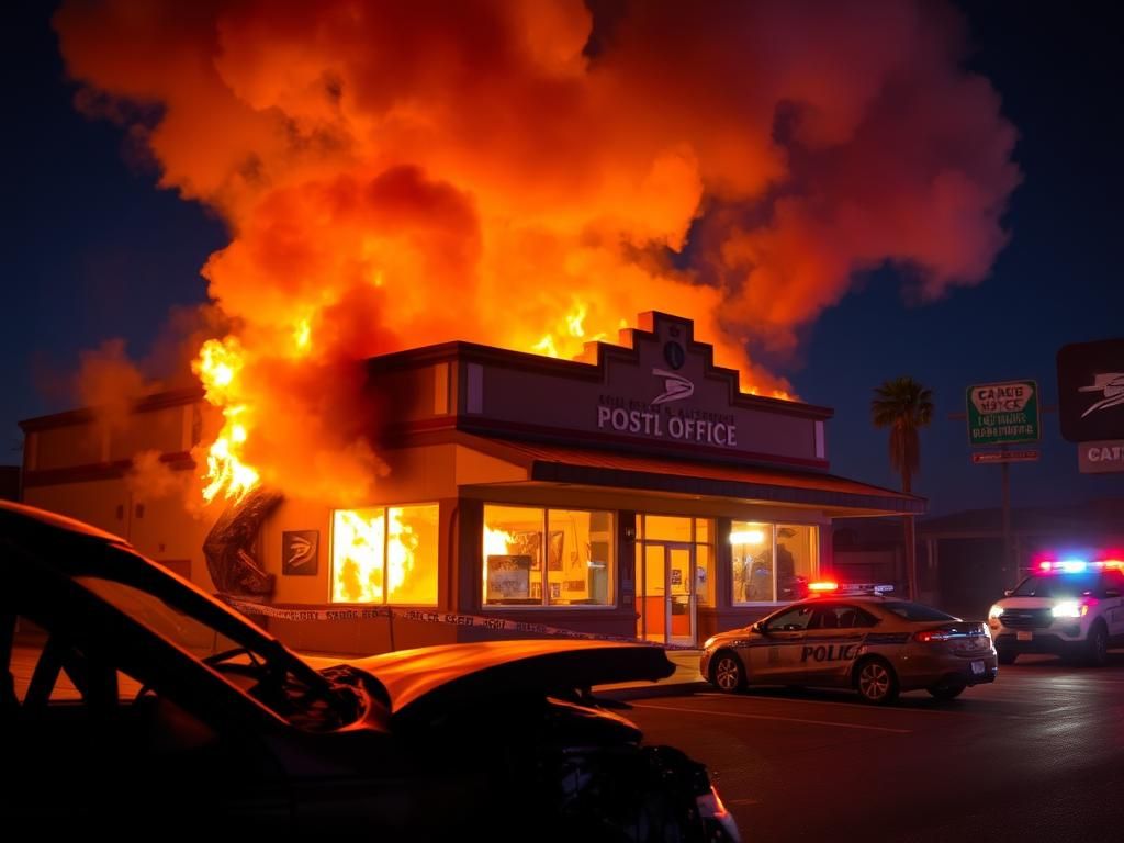 Flick International Dramatic scene of a California post office engulfed in flames after a fiery crash
