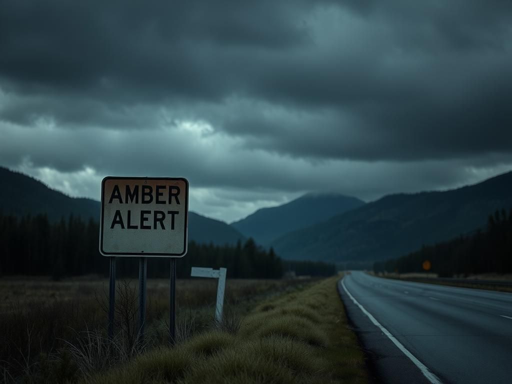 Flick International Worn Amber Alert sign on New York Interstate 87 under dark skies
