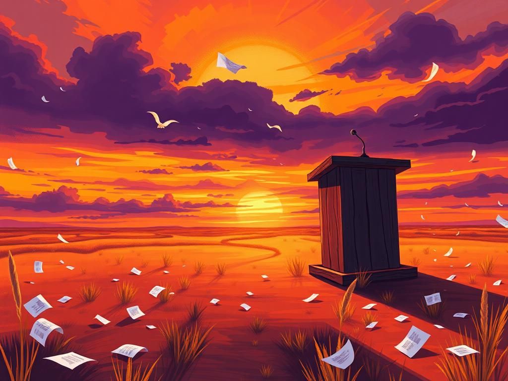 Flick International Vibrant abstract illustration of an open Texas landscape with a weathered podium symbolizing leadership and hope