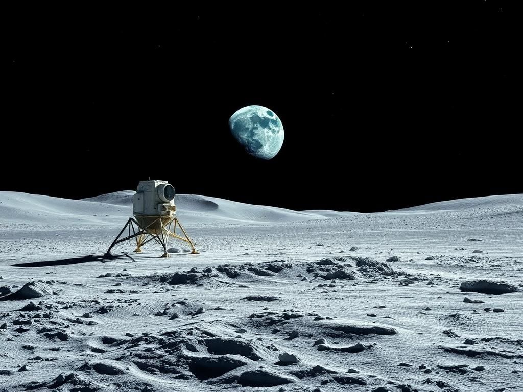 Flick International A stunning lunar landscape portraying the Apollo 11 landing site at Tranquility Base with the lunar module Eagle on the moon's surface.