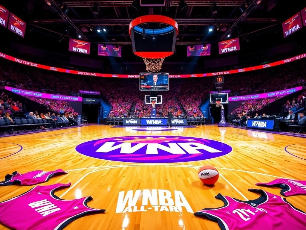 Flick International Vibrant basketball court during WNBA All-Star Game highlighting colorful jerseys and bright atmosphere