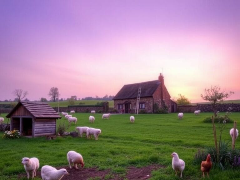 Flick International Idyllic English countryside scene with a farmhouse and grazing sheep