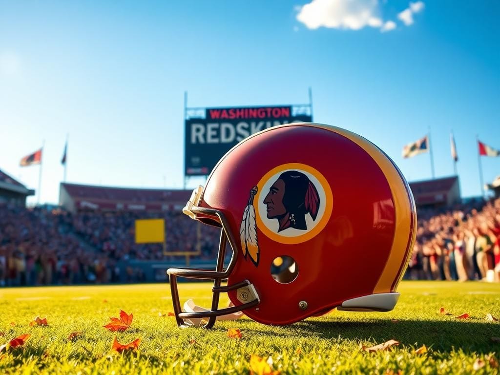 Flick International A vintage football helmet with the original Redskins logo on a vibrant football field.