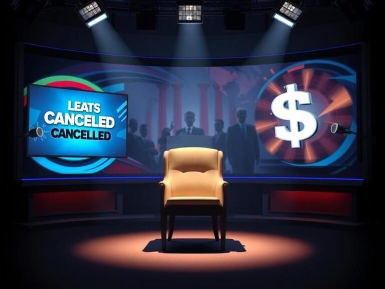 Flick International Dimly lit television studio with an empty host's chair symbolizing the end of a late-night show