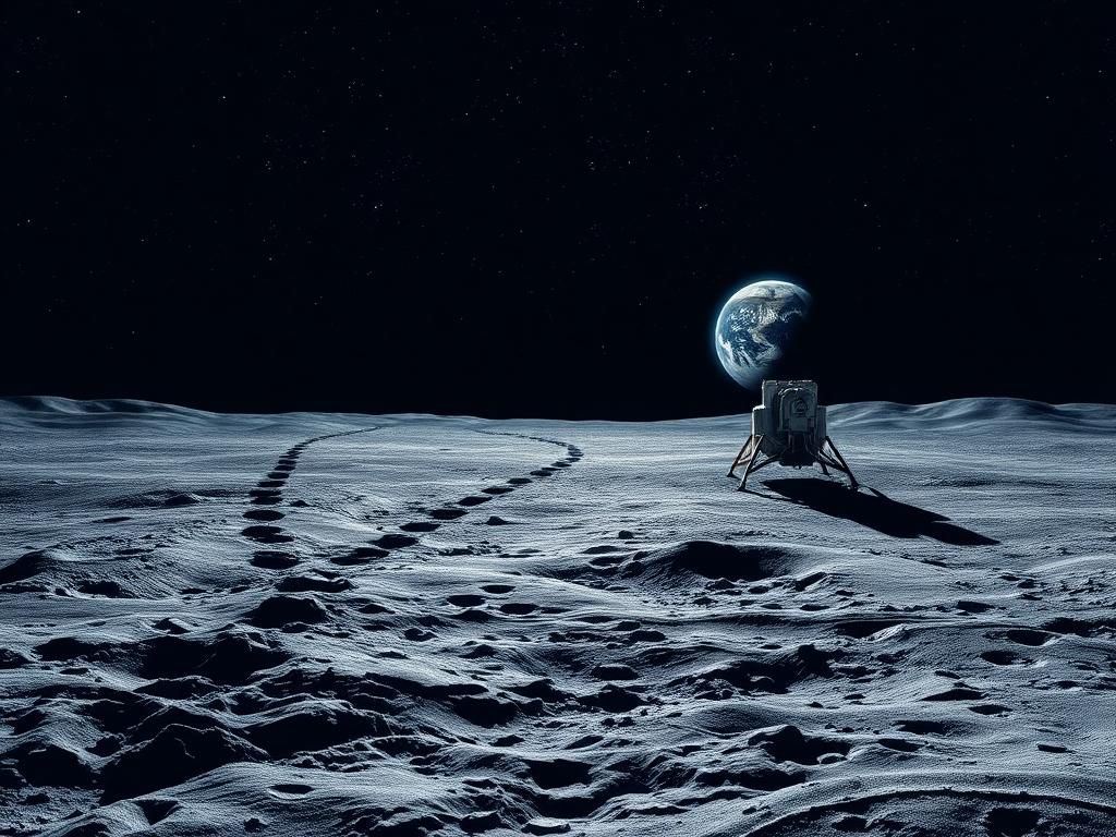 Flick International Majestic lunar landscape with the lunar module Eagle resting on the surface, illuminated by Earth in the background.