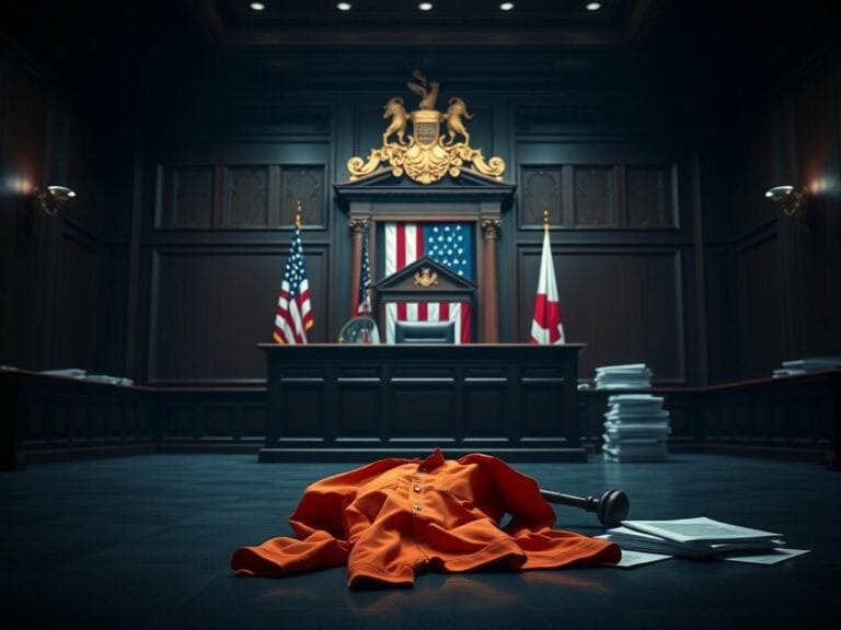Flick International AI-generated courtroom scene with an empty trial chamber and a crumpled orange prison jumpsuit symbolizing arrest and accountability
