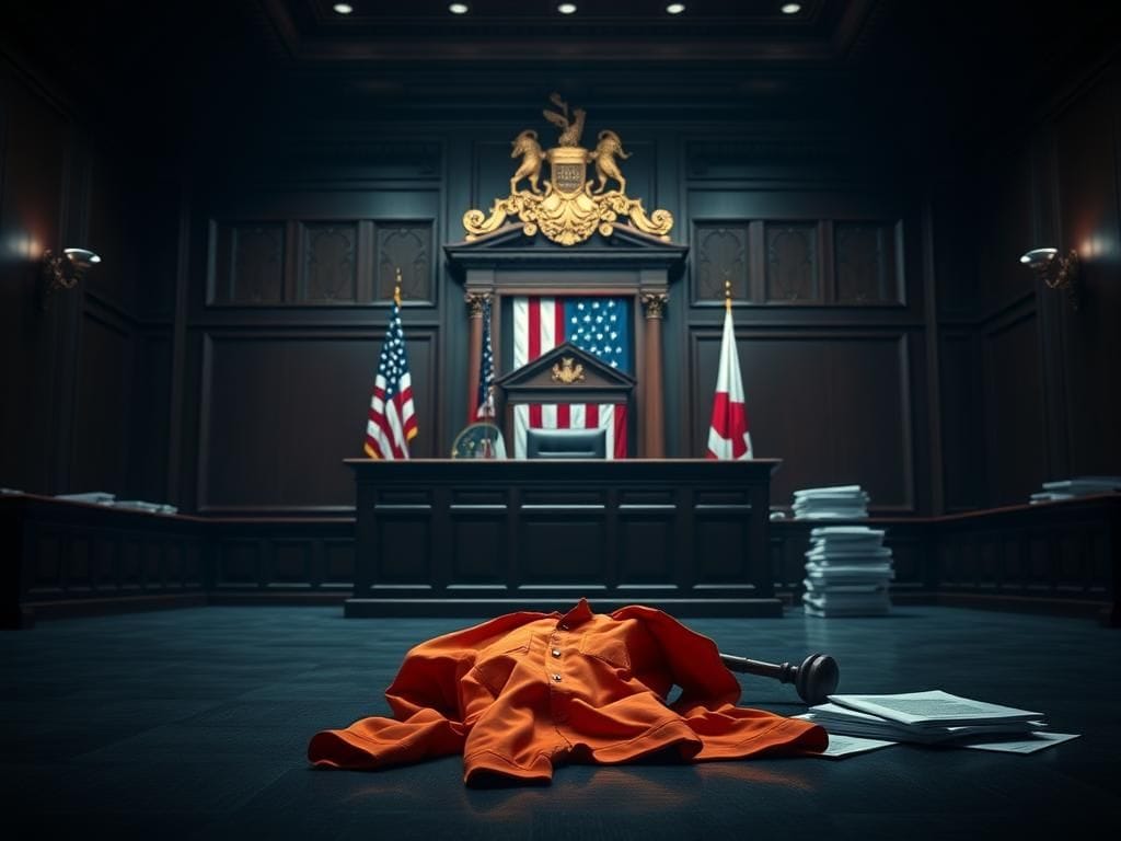 Flick International AI-generated courtroom scene with an empty trial chamber and a crumpled orange prison jumpsuit symbolizing arrest and accountability