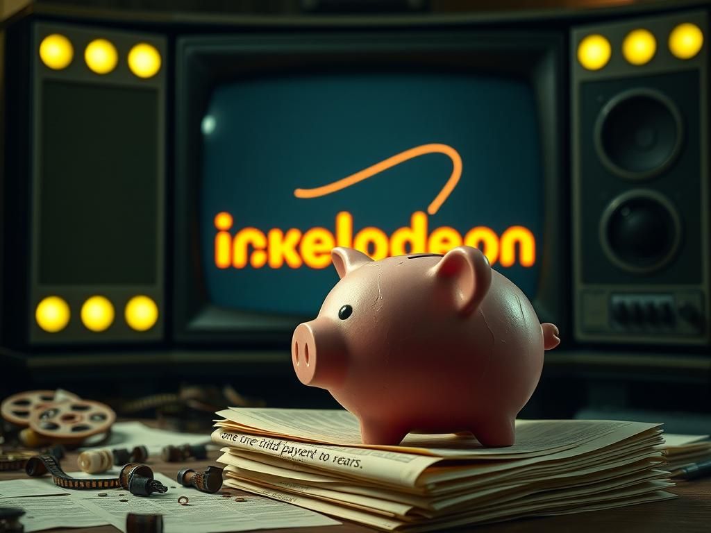 Flick International Dimly lit television studio with vintage Nickelodeon logo and cracked piggy bank symbolizing child star exploitation