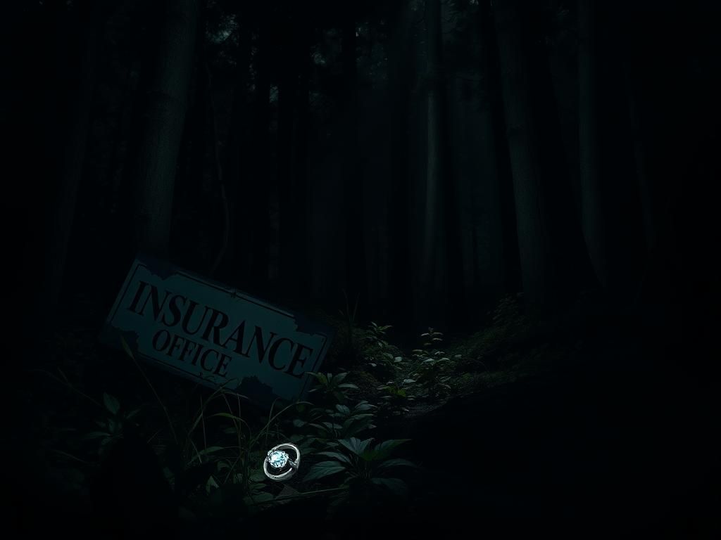 Flick International A dark forest scene with a tattered insurance office sign and a glimmering diamond ring, symbolizing crime and tragedy.
