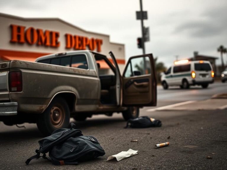Flick International Scene outside a Home Depot in Sacramento featuring a weathered pickup truck and Border Patrol vehicle