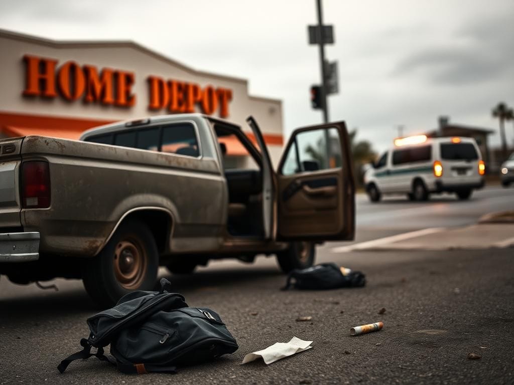 Flick International Scene outside a Home Depot in Sacramento featuring a weathered pickup truck and Border Patrol vehicle