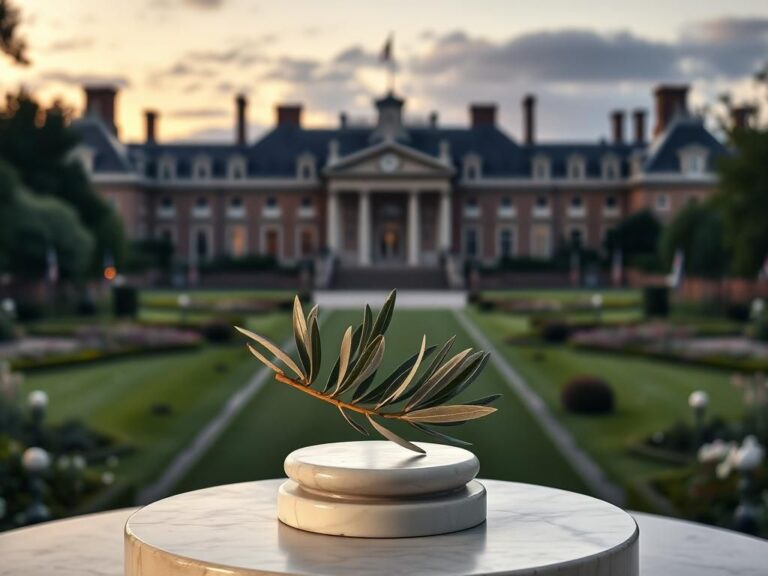 Flick International Serene landscape of a grand British royal estate with a symbolic olive branch for peace.