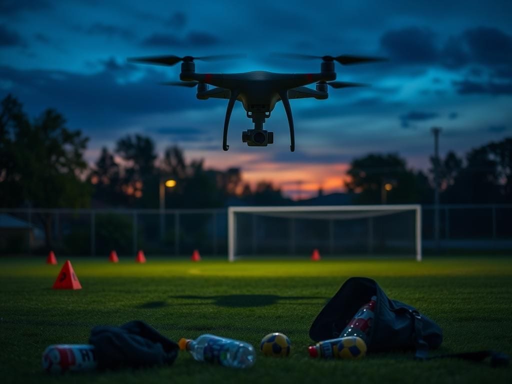 Flick International Drone hovering above a soccer training ground with goalposts in the distance