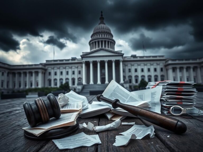 Flick International A dark government building overshadowed by storm clouds with a cracked gavel and legal documents in the foreground