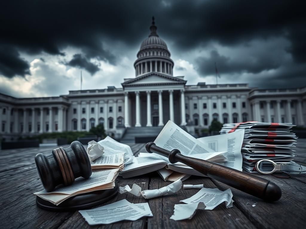 Flick International A dark government building overshadowed by storm clouds with a cracked gavel and legal documents in the foreground