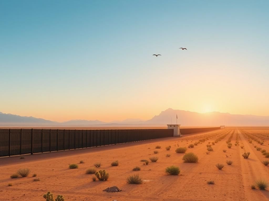 Flick International Serene landscape of the U.S.-Mexico border at dawn with a border wall and patrol station