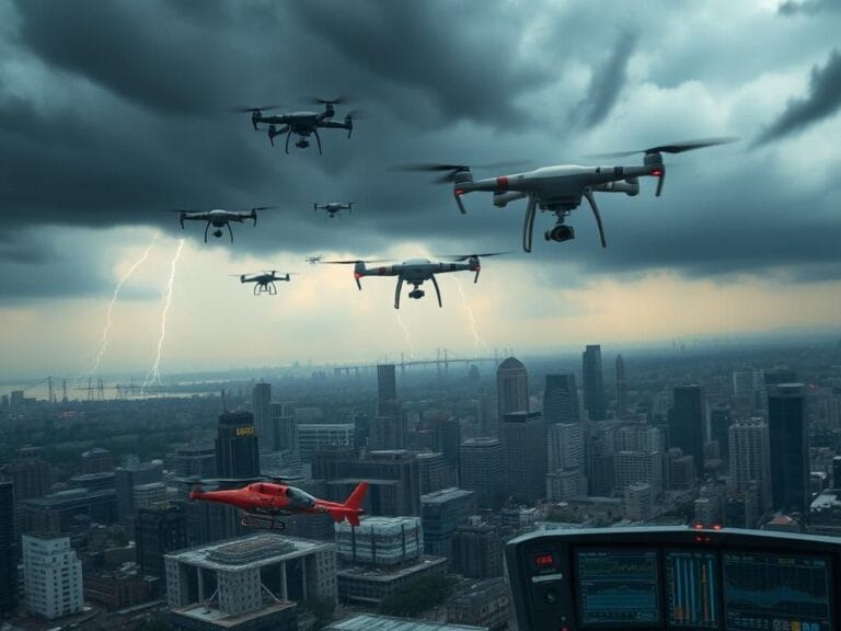 Flick International Aerial view of drones hovering over critical infrastructure in a stormy urban landscape.
