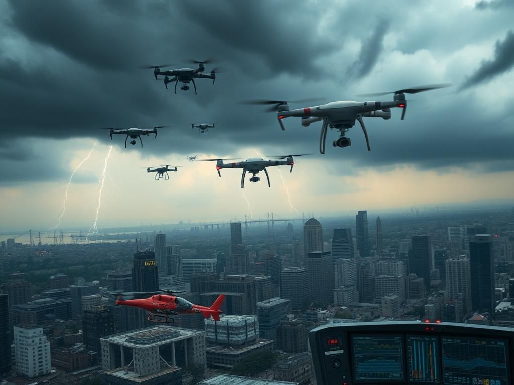 Flick International Aerial view of drones hovering over critical infrastructure in a stormy urban landscape.