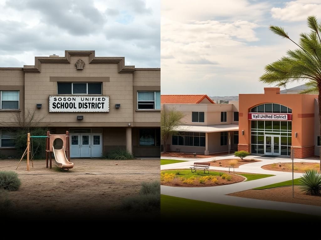 Flick International A split scene contrasting a dilapidated Tucson public school and a vibrant Vail school, illustrating the impact of Arizona's voucher program.