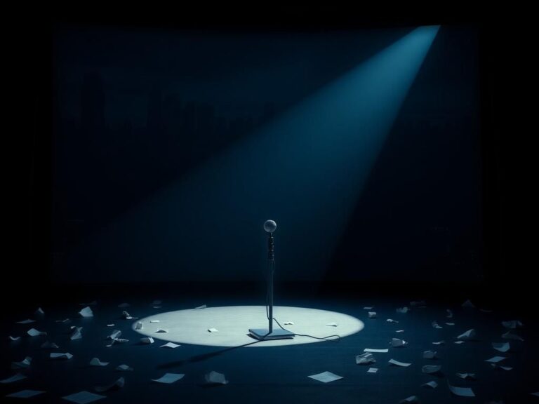Flick International A dramatic image of an empty stage with a single spotlight and a tilted microphone, representing lost voices.