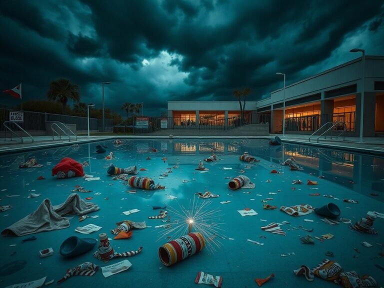 Flick International Chaotic empty public pool area with scattered debris and ominous sky