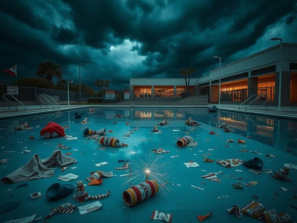 Flick International Chaotic empty public pool area with scattered debris and ominous sky