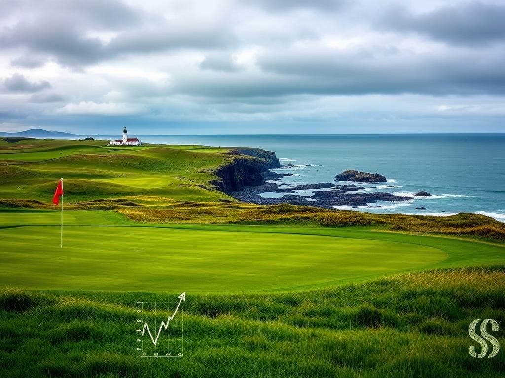 Flick International Panoramic view of Turnberry golf course in Scotland with rolling green hills and dramatic coastline