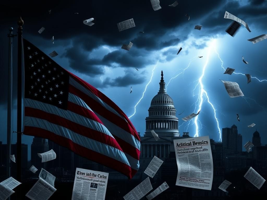 Flick International Dark stormy sky over city with American flag and government buildings