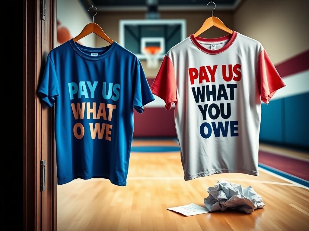 Flick International Close-up of colorful statement T-shirts displaying the phrase 'Pay Us What You Owe Us' on a locker room door