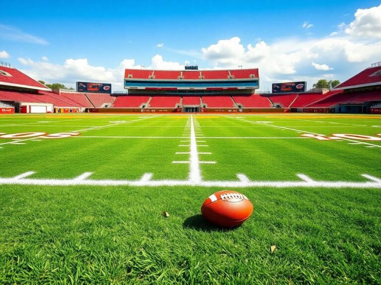 Flick International Vibrant Kansas City Chiefs training camp scene with empty football field under blue sky