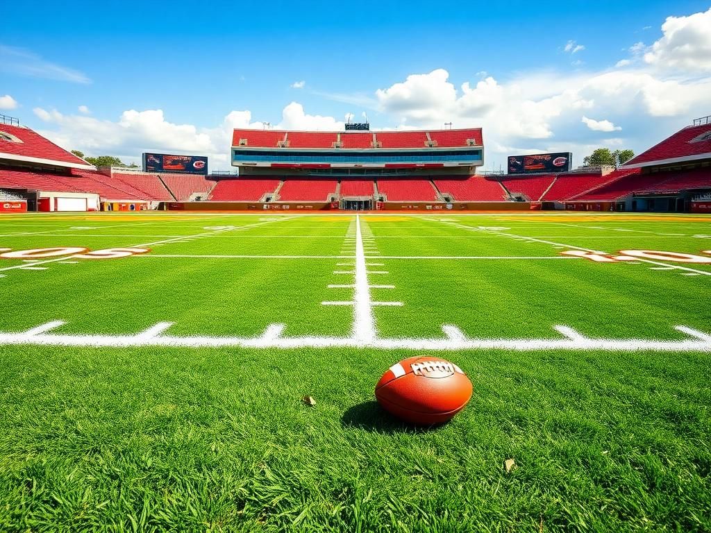 Flick International Vibrant Kansas City Chiefs training camp scene with empty football field under blue sky