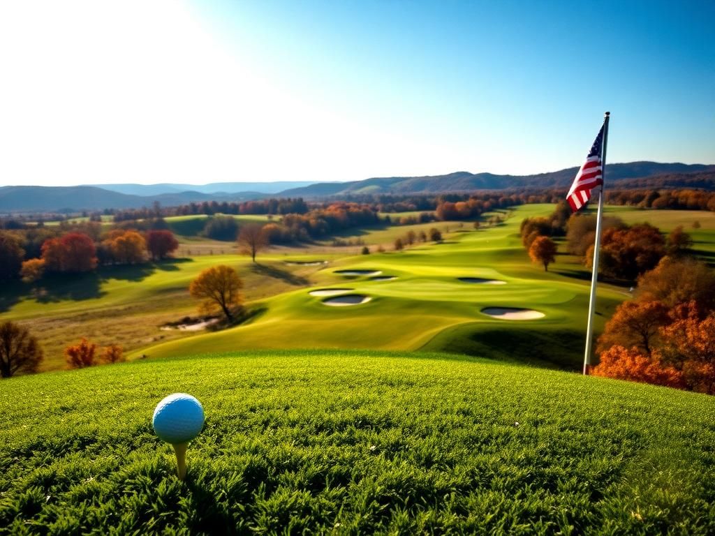 Flick International Aerial view of Bethpage Black golf course with golf tee and ball in focus