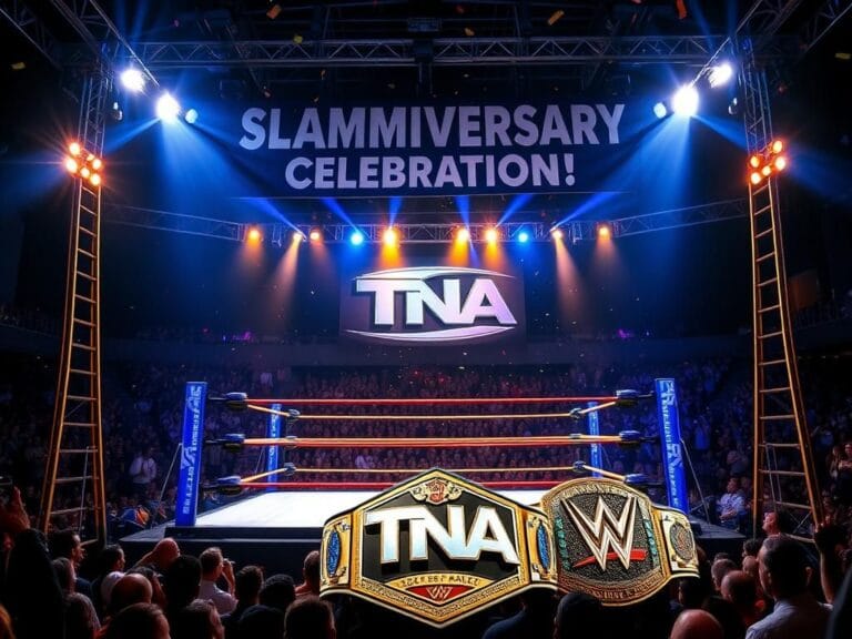 Flick International A.J. Styles making his energetic return to TNA at Slammiversary with a vibrant wrestling ring and cheering crowd in the background
