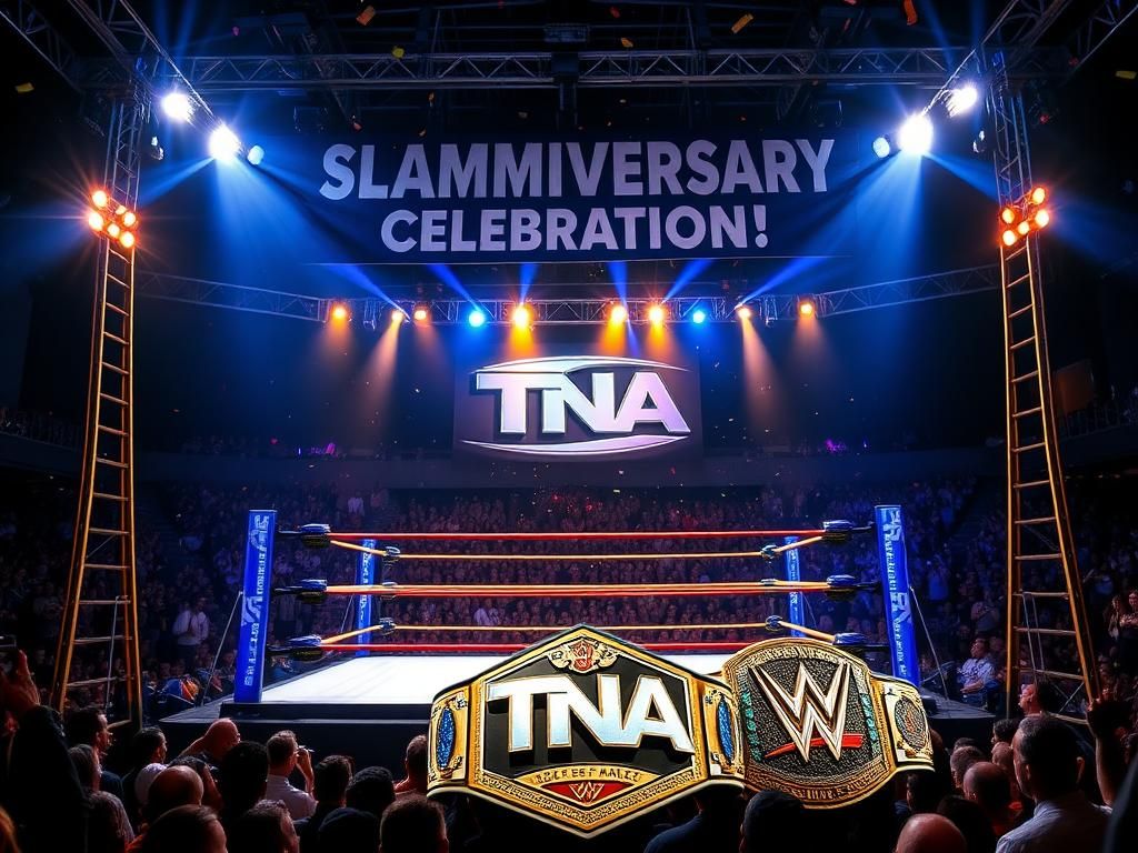 Flick International A.J. Styles making his energetic return to TNA at Slammiversary with a vibrant wrestling ring and cheering crowd in the background