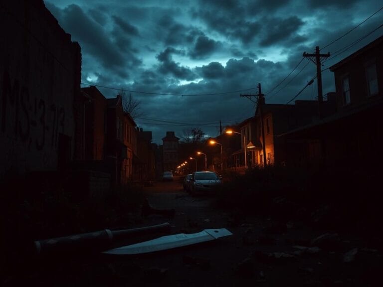 Flick International Dark urban landscape at dusk with graffiti indicating MS-13 gang activity