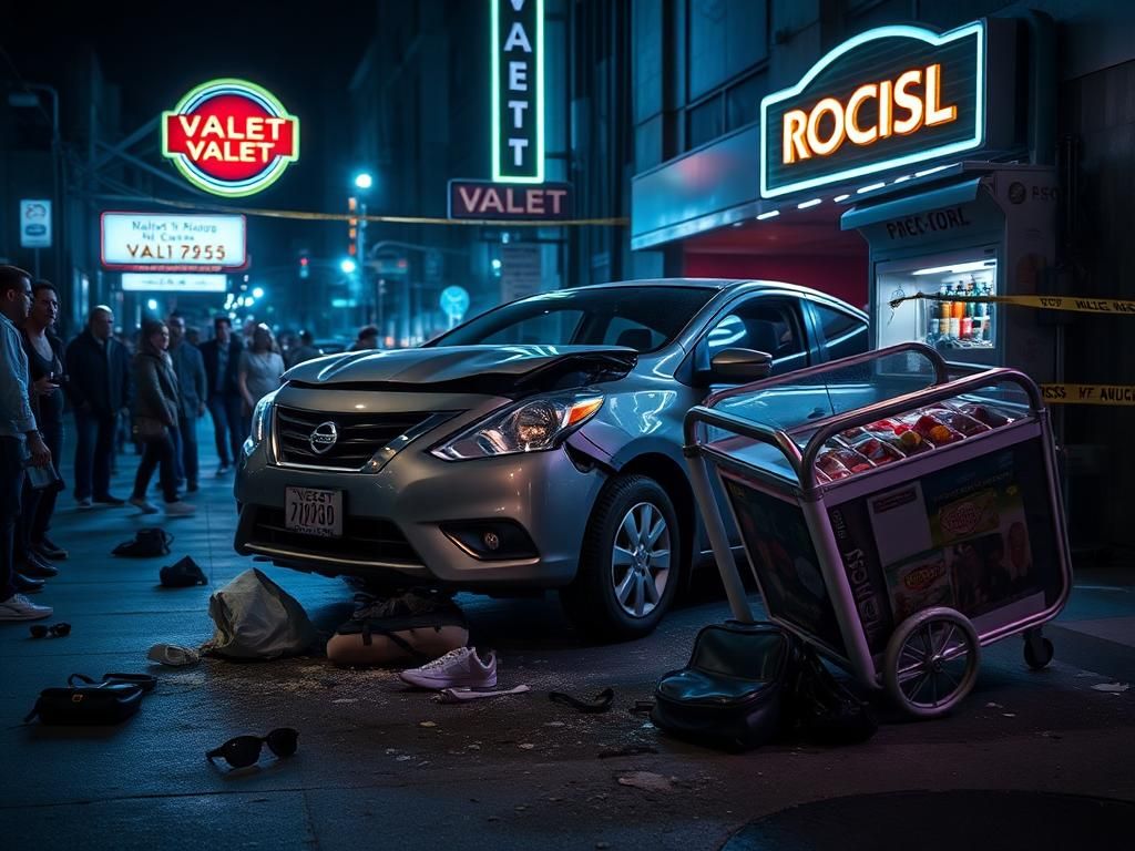 Flick International Chaotic aftermath of a vehicular incident in Los Angeles with a crumpled Nissan Versa on a crowded sidewalk