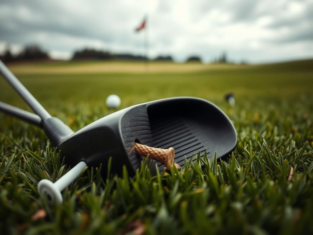 Flick International Broken golf driver lying on green grass with a golf tee beside it and a blurred golf flag in the background