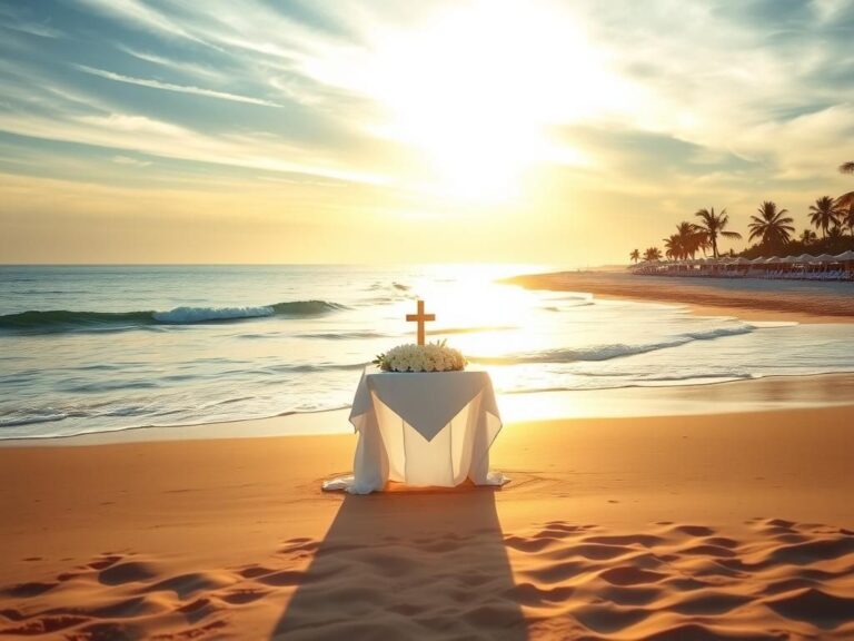 Flick International Serene beach scene at sunrise featuring a small altar set for Catholic Mass