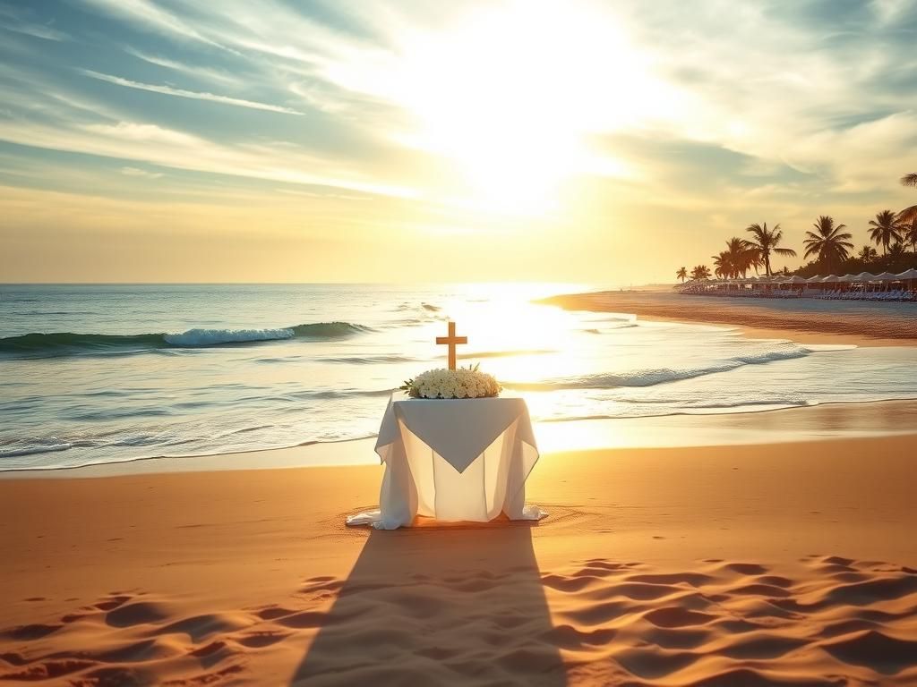 Flick International Serene beach scene at sunrise featuring a small altar set for Catholic Mass