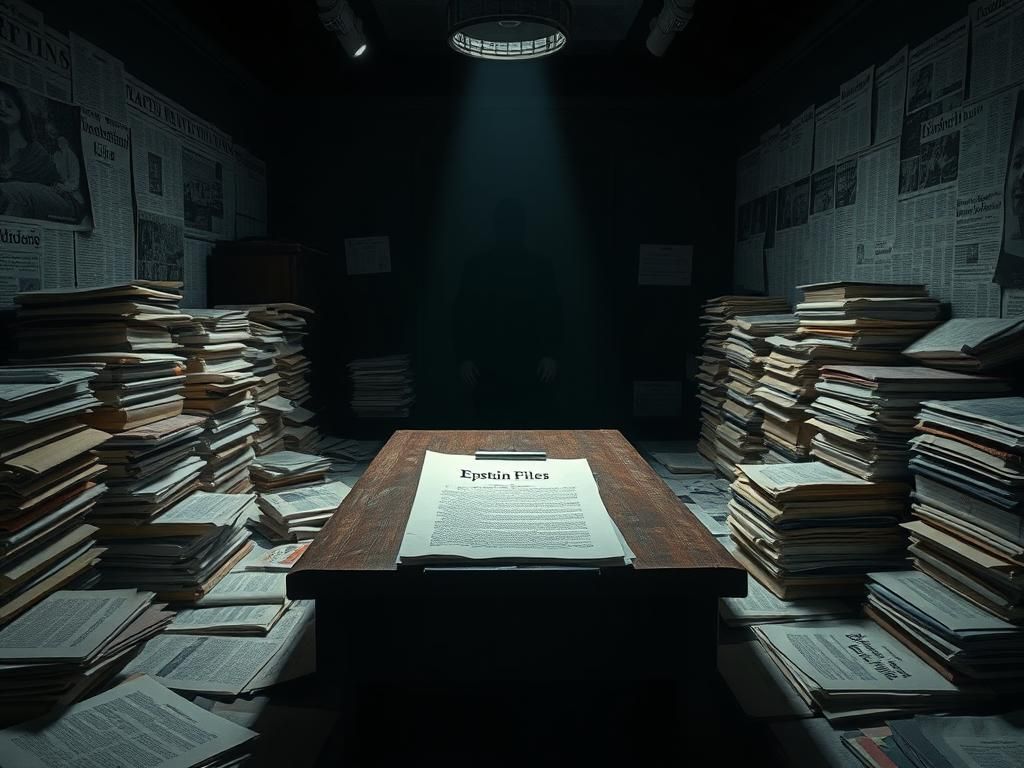 Flick International A dimly lit room filled with classified documents related to Jeffrey Epstein, suggesting secrecy and scrutiny.