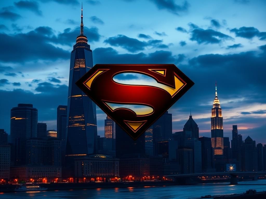Flick International A stylized Superman logo integrated into a modern city skyline at dusk