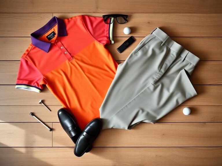 Flick International Stylish golf polo shirt and tailored golf pants arranged on a textured wooden surface