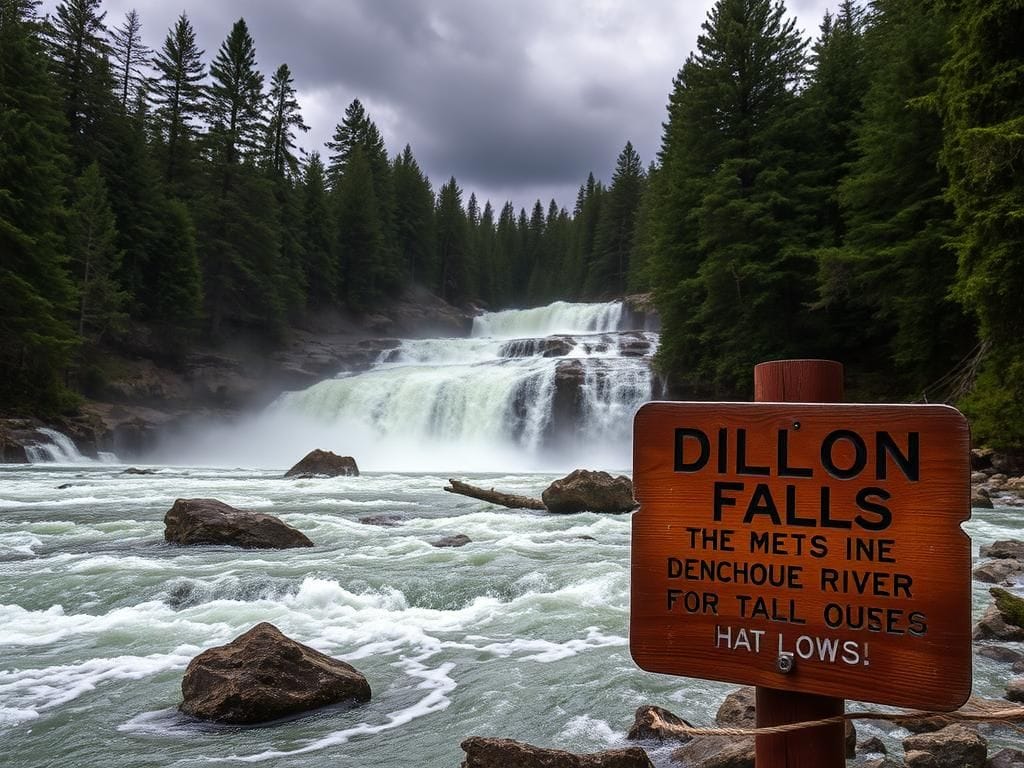 Flick International Dramatic view of Dillon Falls on the Deschutes River showcasing the powerful 15-foot waterfall and surrounding perilous rapids.