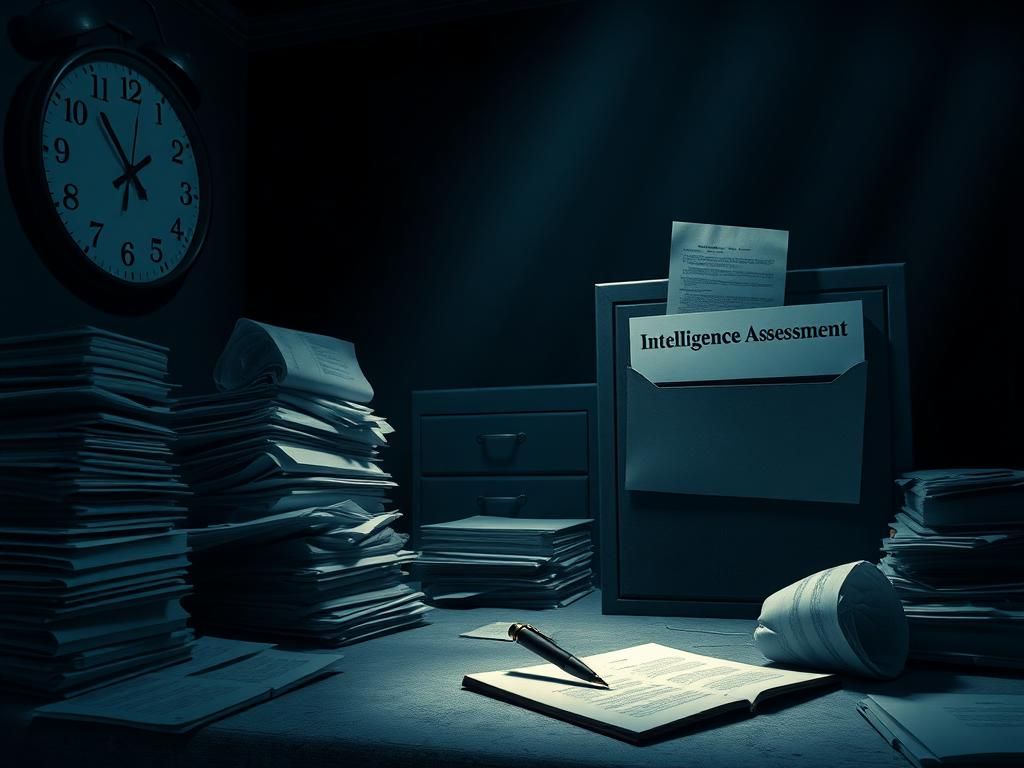 Flick International Dimly lit room filled with classified documents and an ominous clock at 11:59