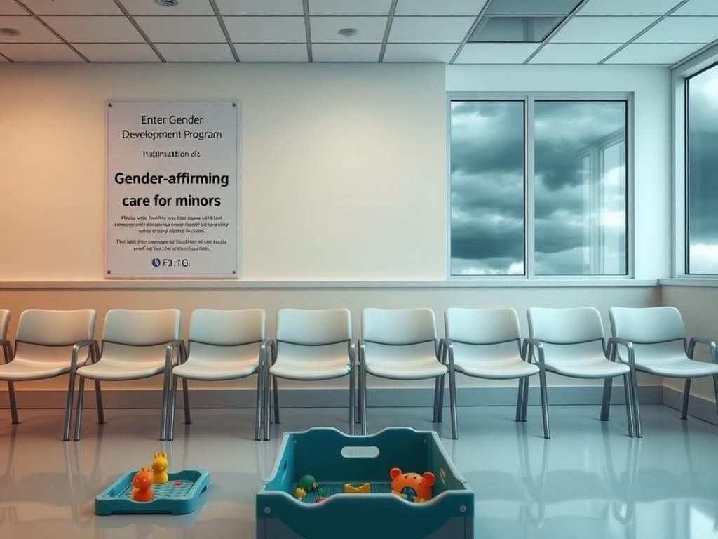 Flick International Empty chairs in a hospital waiting room with a poster about gender-affirming care