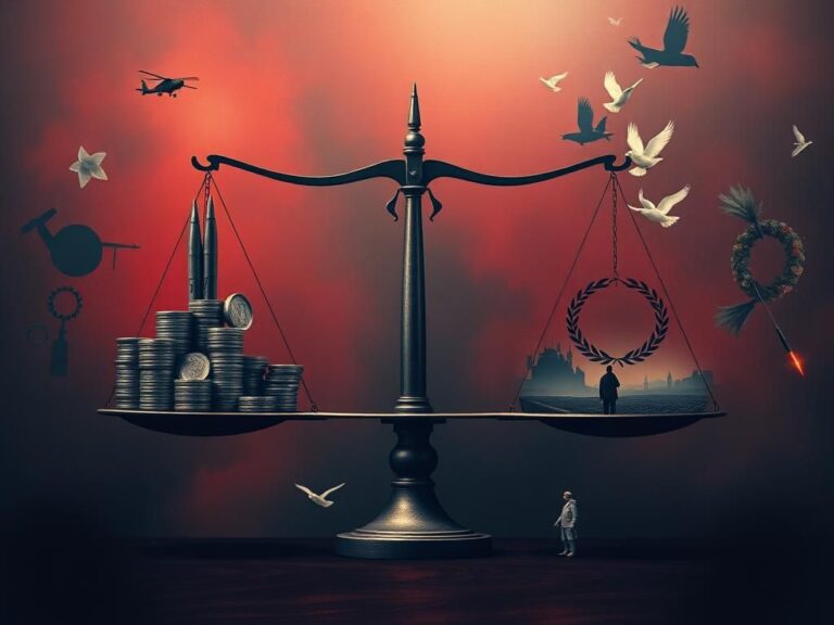 Flick International Dramatic representation of political decision-making with a balancing scale showcasing military funding versus humanitarian values.